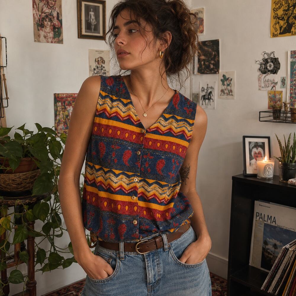 Vintage 90s Versace Womens Medium Colorful Geographic Print Sleeveless Retro Top